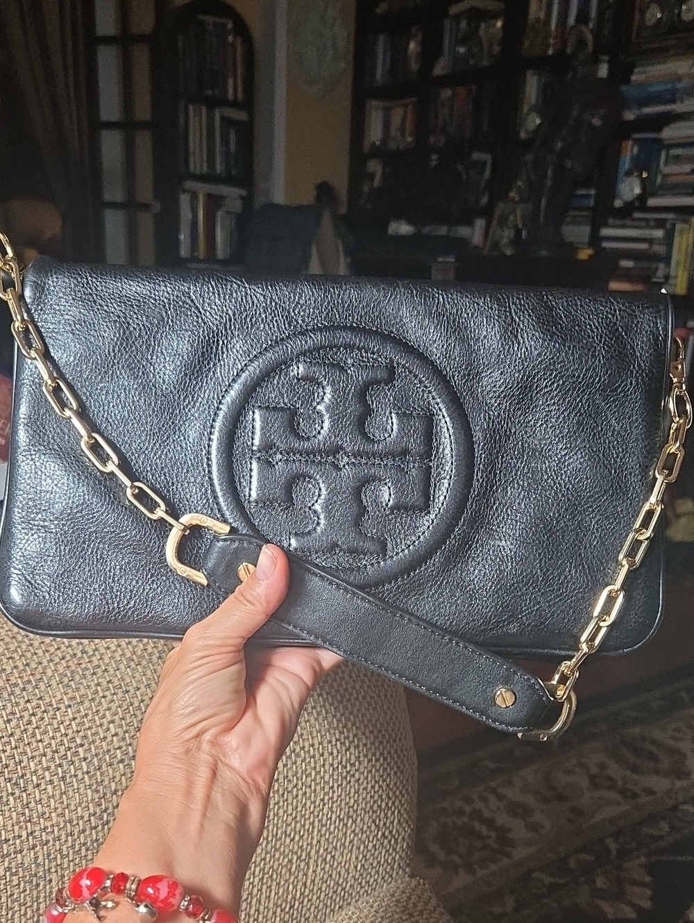 Black Calf Leather Large Clutch Tory Burch Suki Reva shoulder bag gold chain - Picture 10 of 10